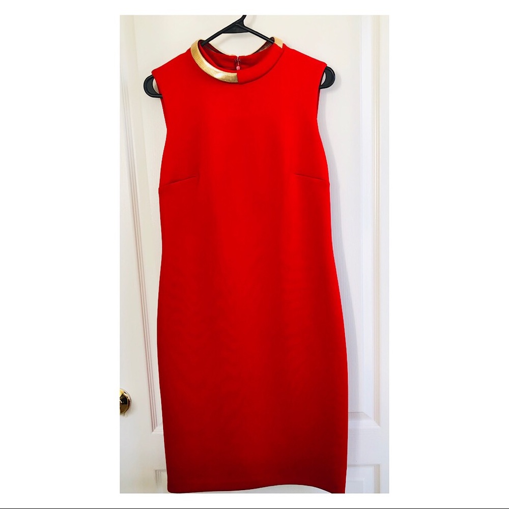 Calvin Klein Red Sheath Dress Gold Metal Collar